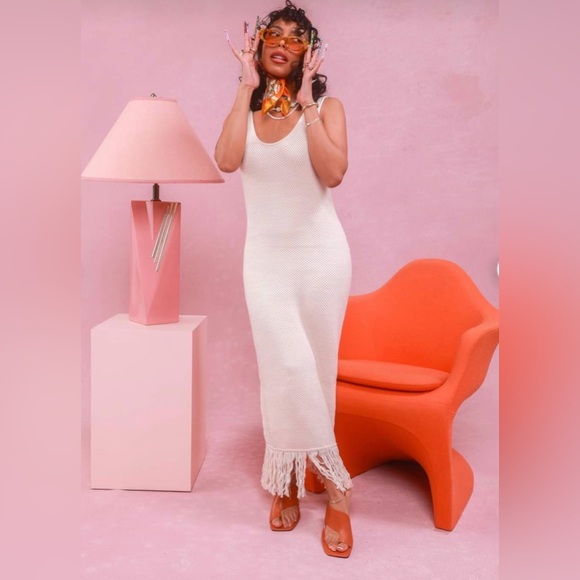 Future Collective Dresses & Skirts - Future Collective with Alani Noelle Crochet Fringe Hem Boho Midi Dress Tan